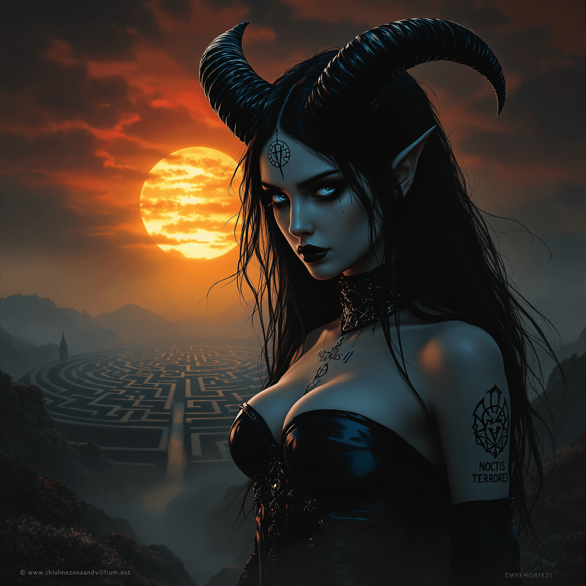 AI generated: A record-album cover, fantasy art: A powerful yet vulnerable female demon, reminiscent of Beksiński'...