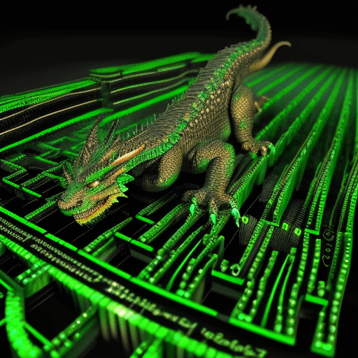 AI generated: a dragon made from circuit board tracks writing software 


