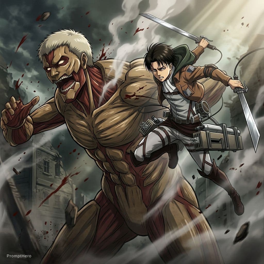 AI generated: masterpiece, cinematic scene, award winning, cinematic angle, Attack on titan, Levi versus armored T...