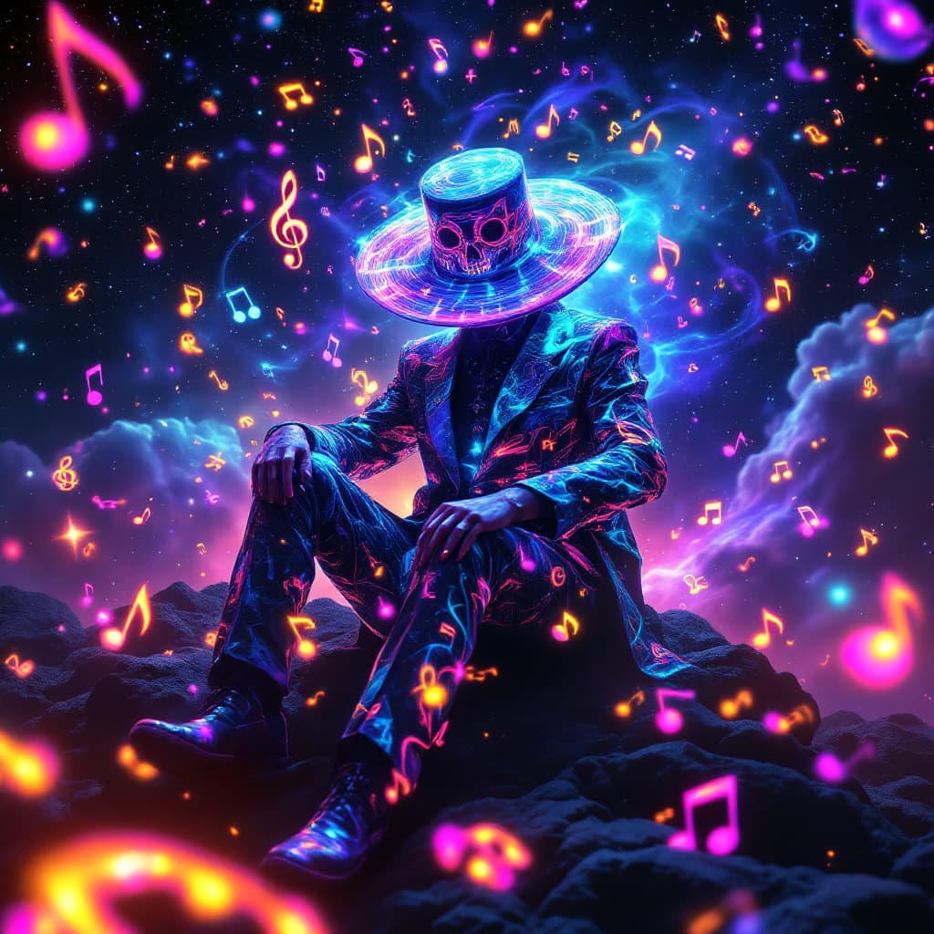 AI generated: A mysterious, psychedelic figure sits atop the universe, enveloped by a mesmerizing array of vibrant...