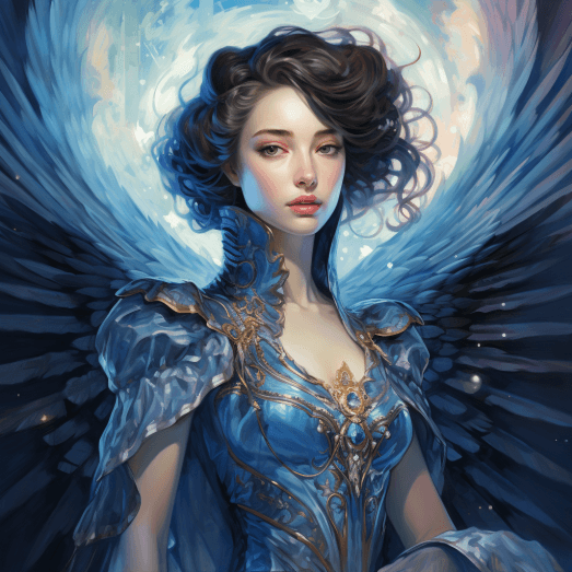 AI generated: woman with blue wings in space, in the style of the stars art group (xing xing), detailed character ...
