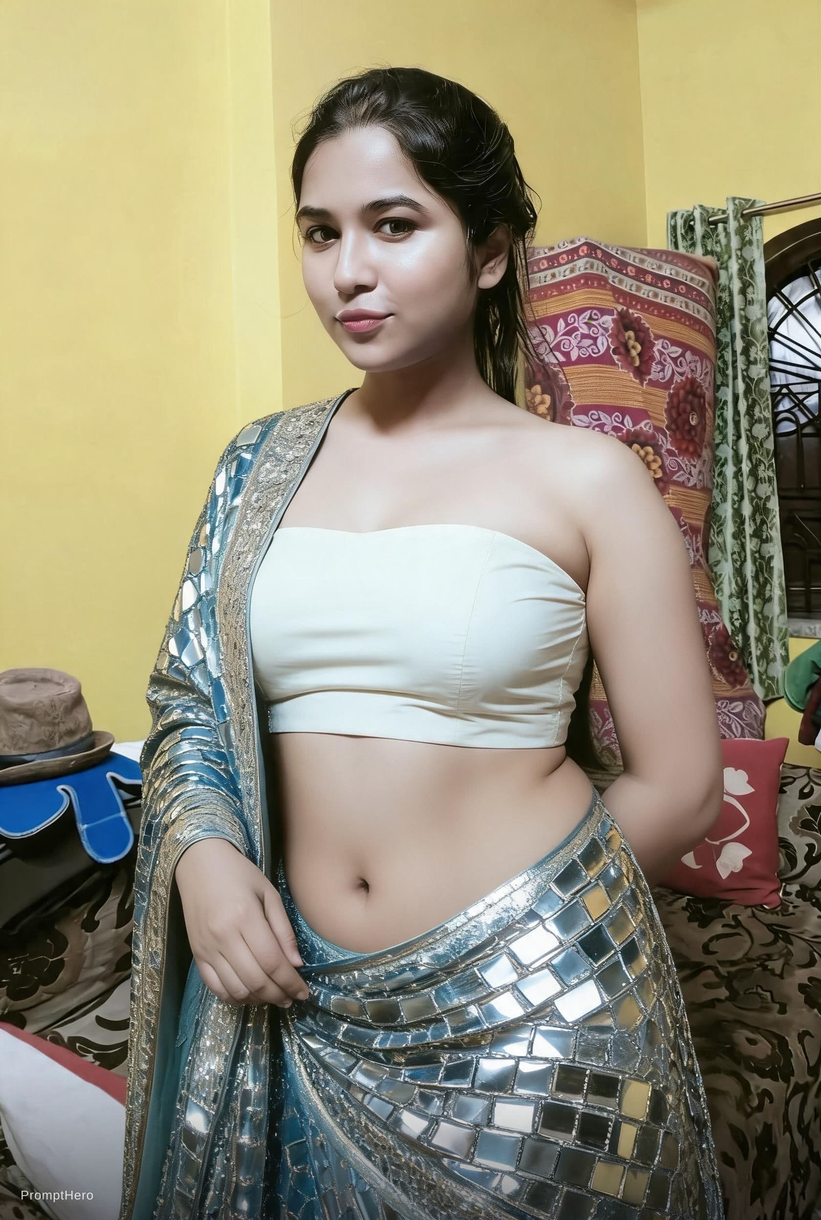 AI generated: modern sexy glossy mirror saree,wearing saree saree saree model.glossy mirror saree Navel,sleeveless...