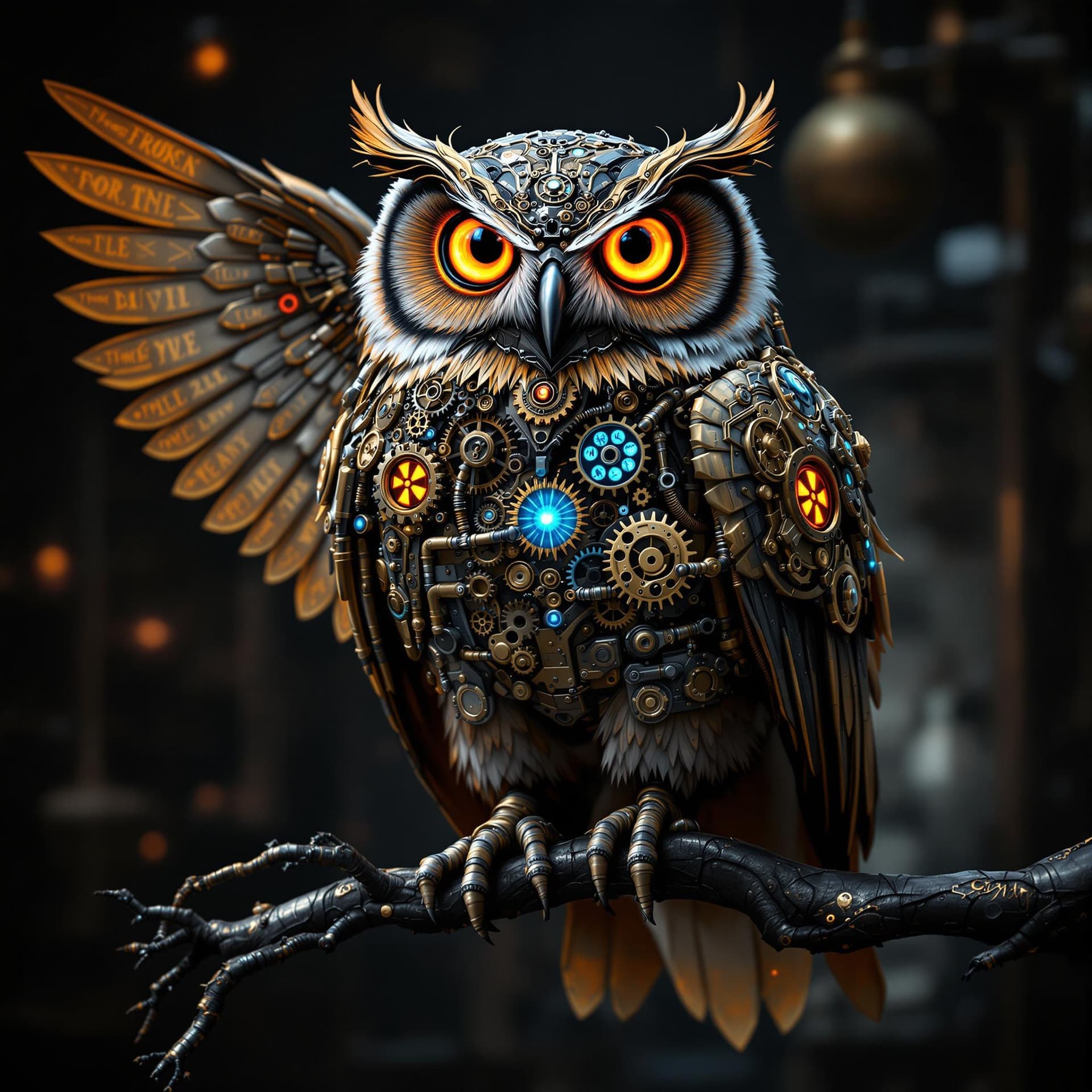 AI generated: "A highly detailed and intricate steampunk owl perched on a metallic branch, with glowing amber eyes...