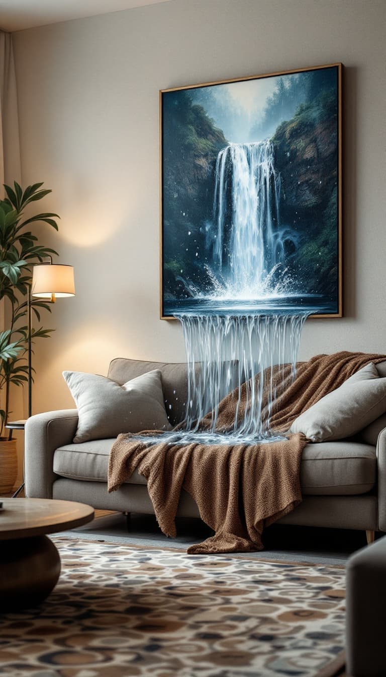 AI generated: A cozy living room with a soft, plush sofa and a warm, patterned rug at the center. Hanging on the w...