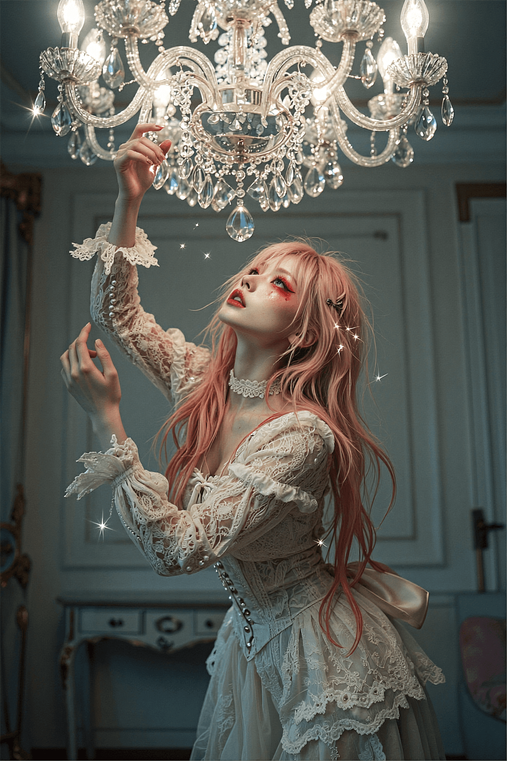 AI generated: capturing the surreal, high-fashion "haunted elegance" aesthetic, the intricate crystal refractions,...