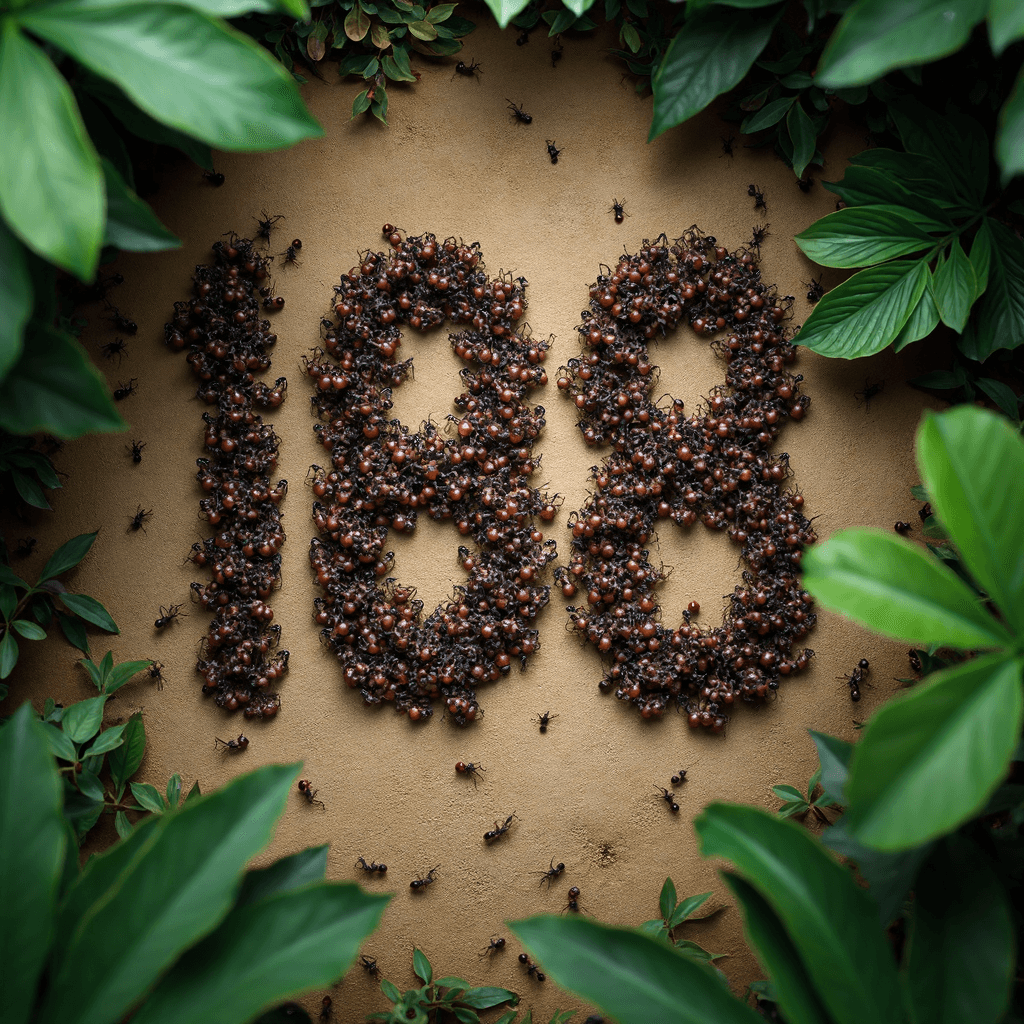 AI generated: top down photo in the middle of jungles foliage ,on a ground a lot of ants forming (a number "188"),...