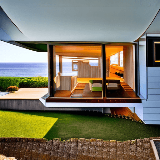 AI generated: Hyper realistic eye level exterior photo of a mid century modern style house overlooking the ocean, ...