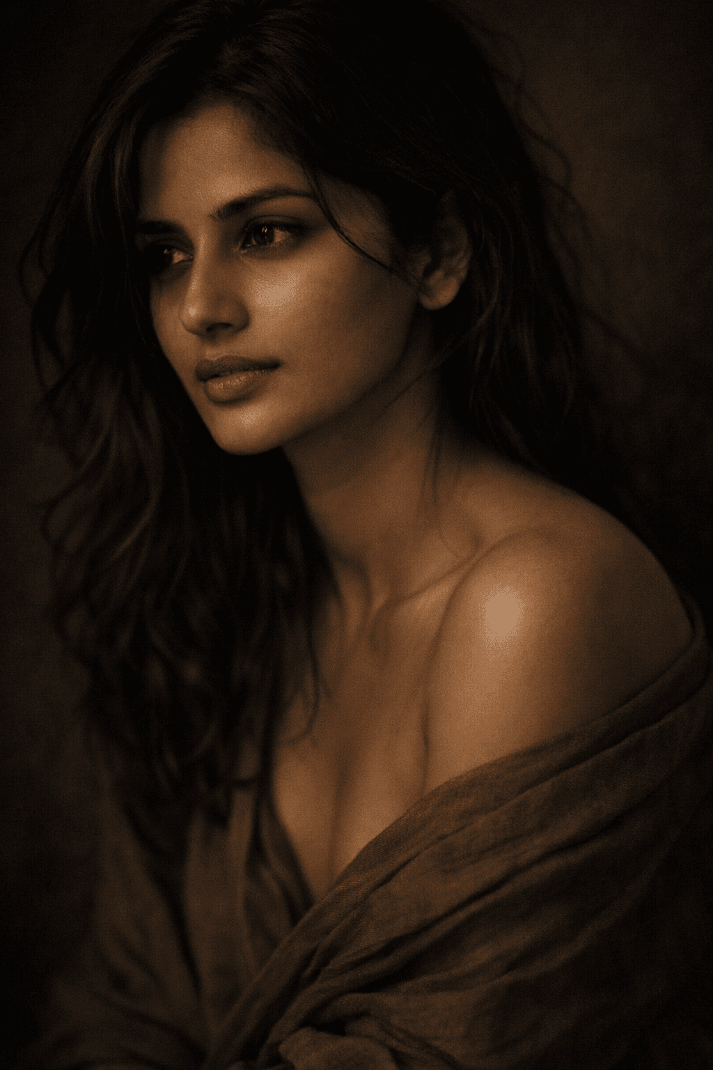 AI generated: Cinematic sensual portrait of an Indian woman, quiet intimate mood, soft low-key lighting grazing th...
