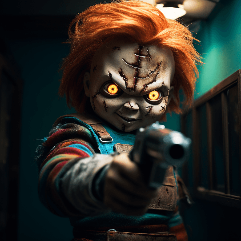 AI generated: extreme close-up of Photo Realistic Chucky from the "Child’s Play" movie is pointing two guns while ...
