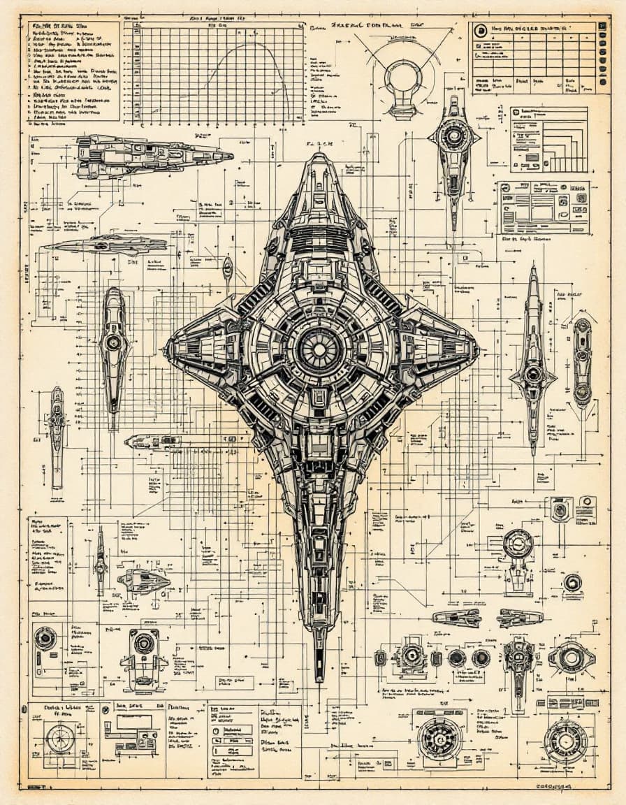 AI generated: sketches blueprint of futuristic sci-fi huge spacecraft, warp engines, formulas and annotations, sch...