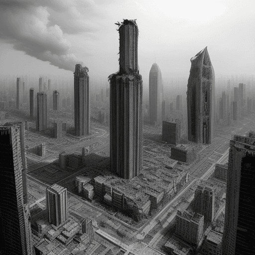 AI generated: manga, Ho Chi Minh city, destruction, towers, buildings, city, perspective, detailed world-building,...