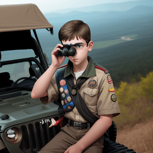 AI generated: a boy scout looking through binoculars sitting on a jeep on top of hill --ar 40:49
