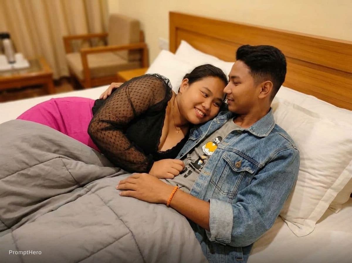 AI generated: Make this couple lying on bed 