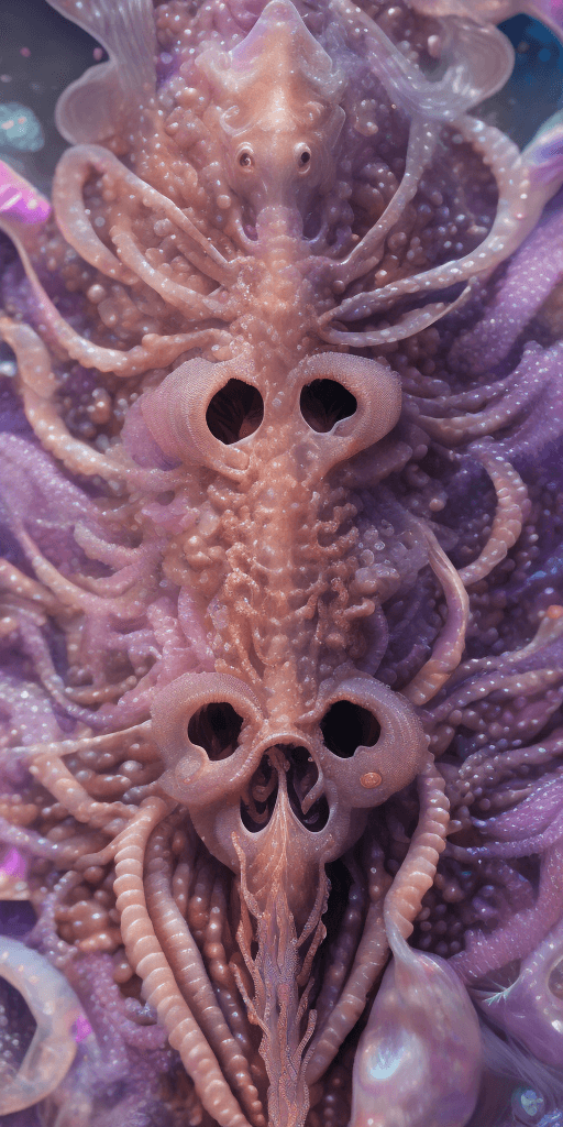 AI generated: Goddess close-up portrait ribcagel. jellyfish phoenix head, nautilus, orchid, skull, betta fish, bio...