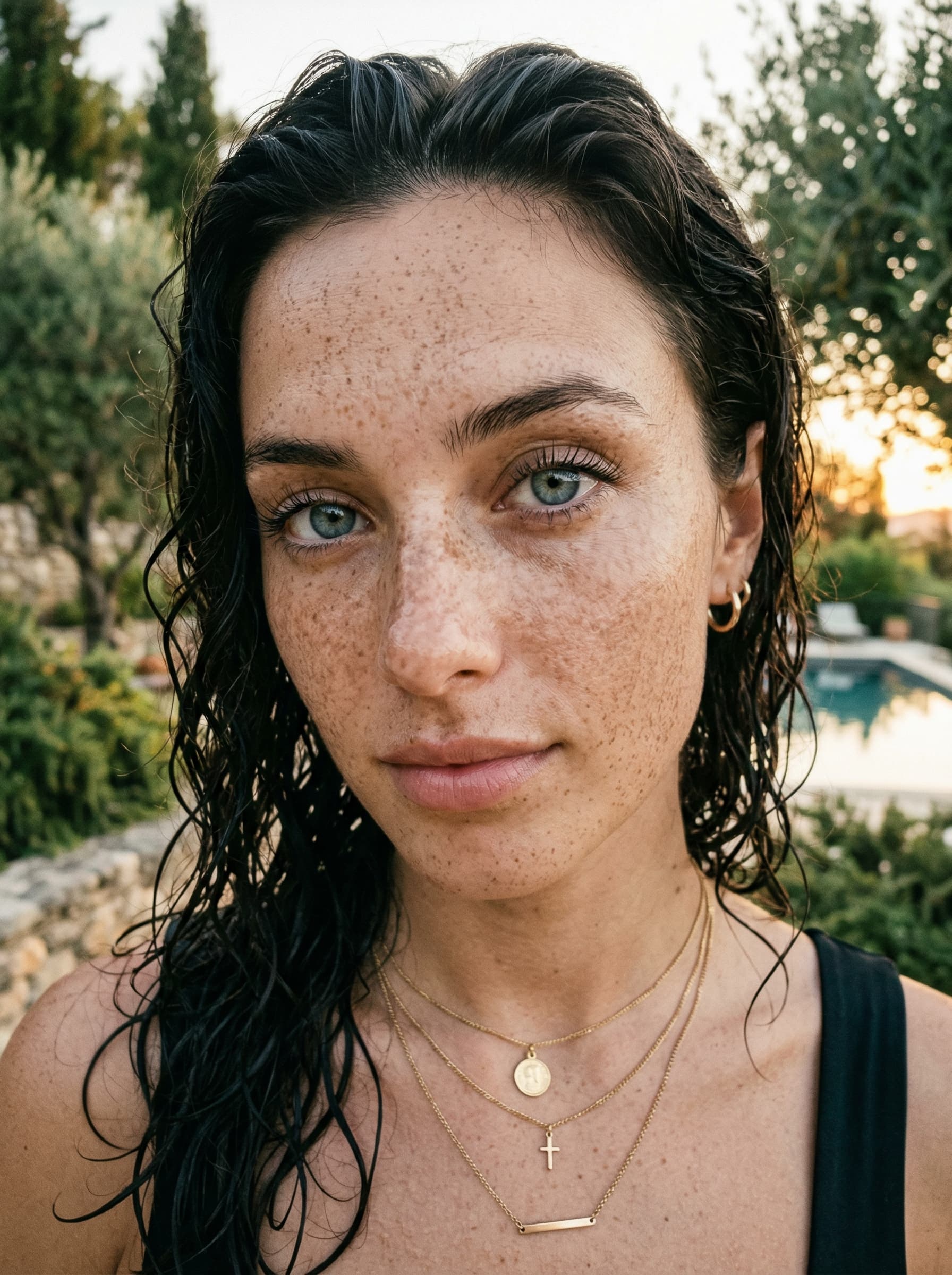 AI generated: (Nano Banana 2) Extreme close-up portrait of a woman with striking blue-grey eyes and heavy freckles...