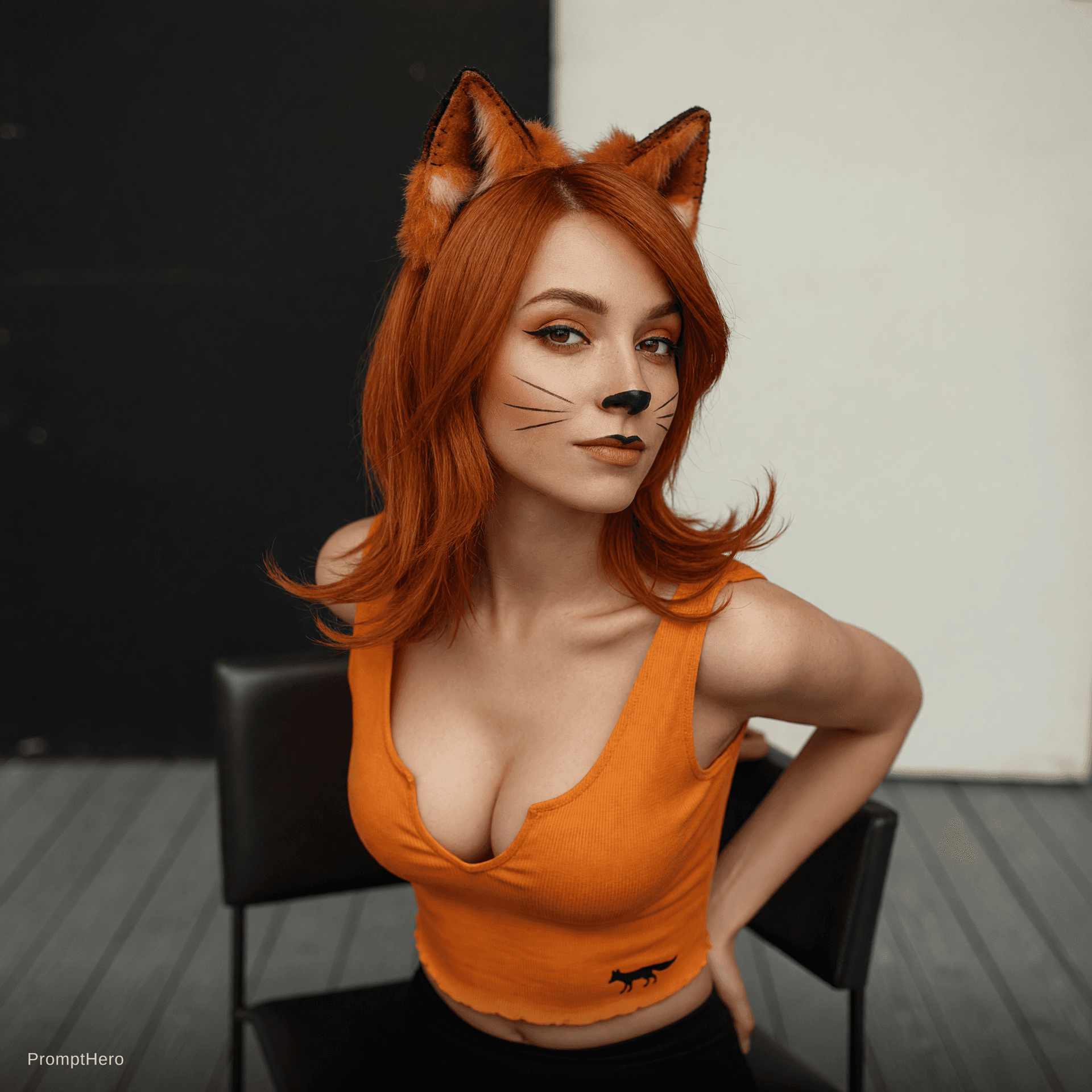 AI generated: Photorealistic studio portrait of a young woman with vibrant copper-orange shoulder-length hair wear...