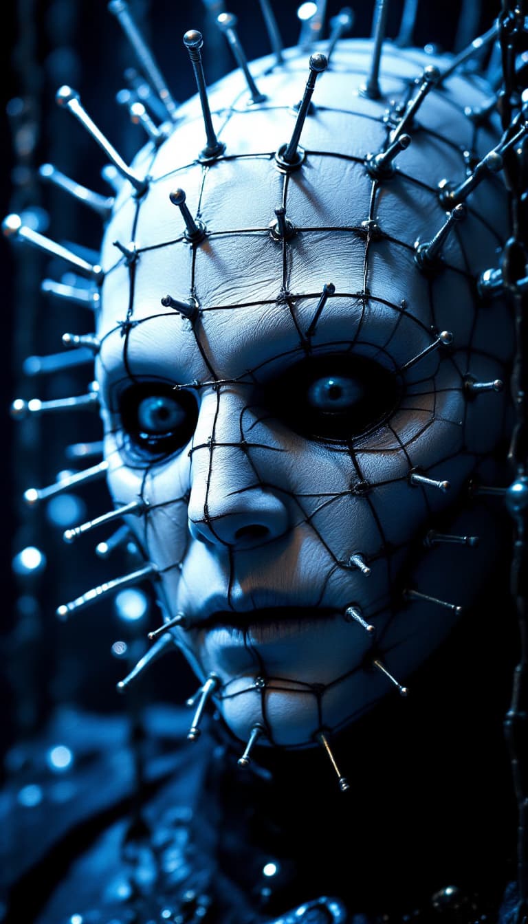 AI generated: « Gros plan photoréaliste et cinématographique du visage de Pinhead issu du film Hellraiser. Visage ...