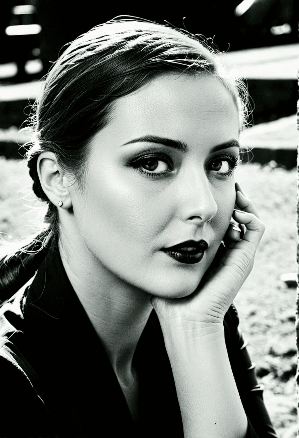 AI generated: film noir style woman leaning on her hand looks at the camera with a slight smile, happy, enjoying t...