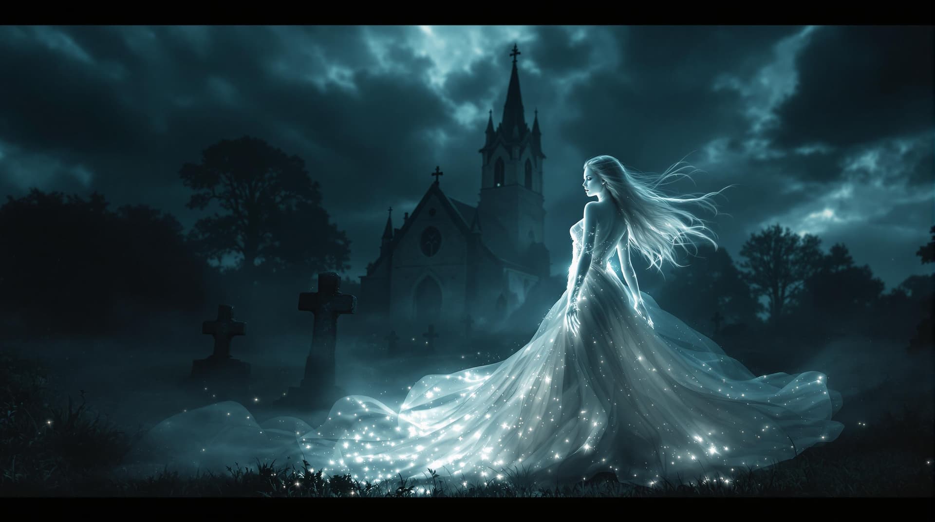 AI generated: a hauntingly beautiful scene of an almost diaphanous transparent translucent ethereal woman in a gra...