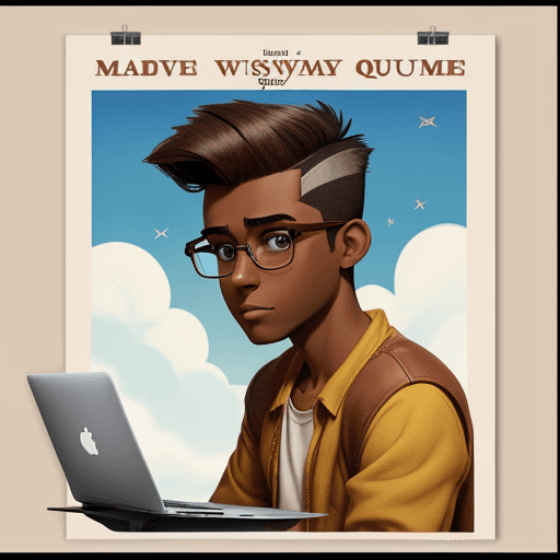 AI generated: Disney movie posters, quiff cut, glasses, brown skin, Macbook