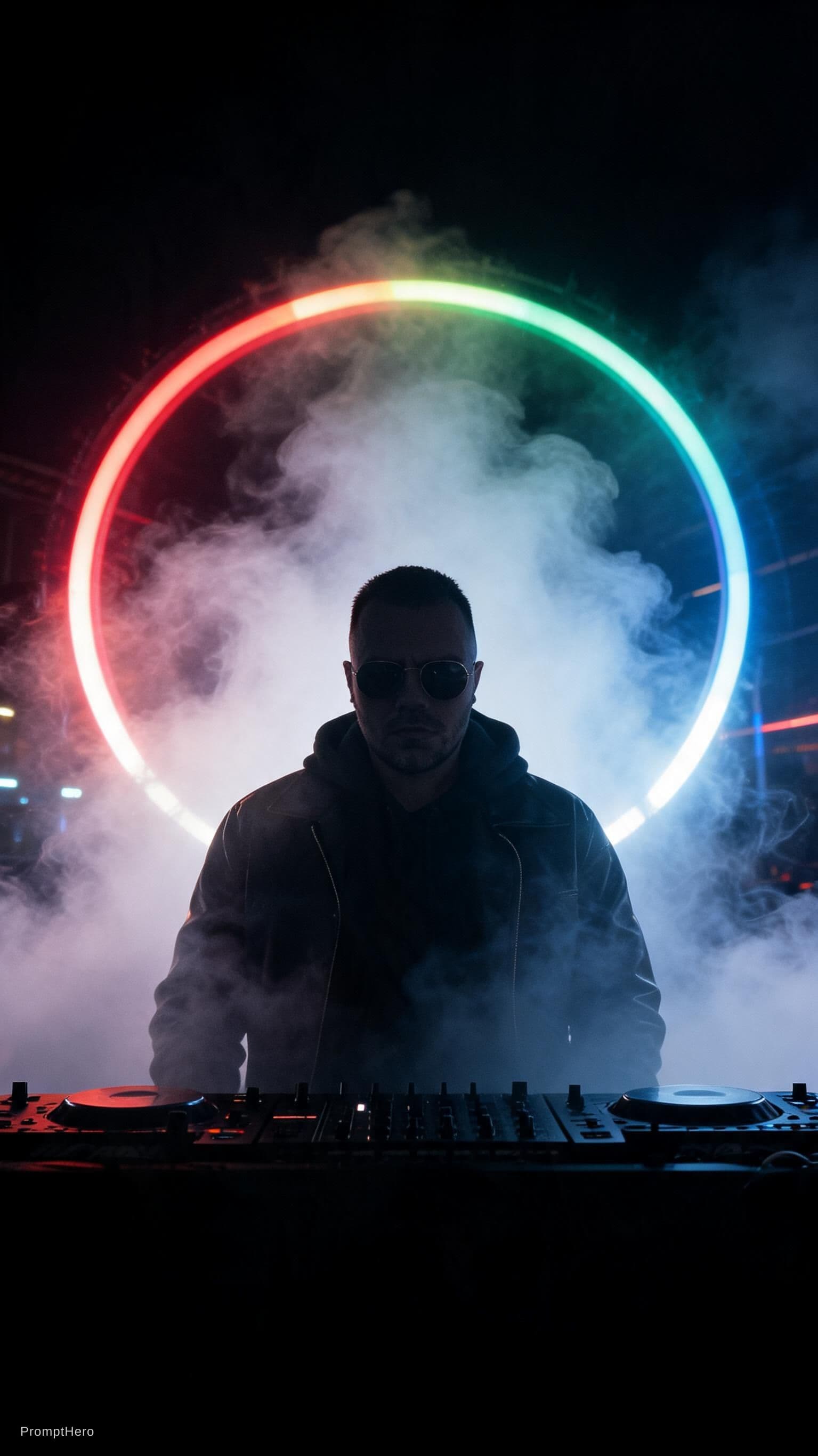 AI generated: creative silhouette photo of a DJ on stage facing the camera, it's at night, loads of smoke around h...