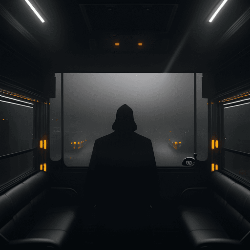 AI generated: shadowy figure next to the driver  of the glossy black school bus from behind, large in frame, glowi...