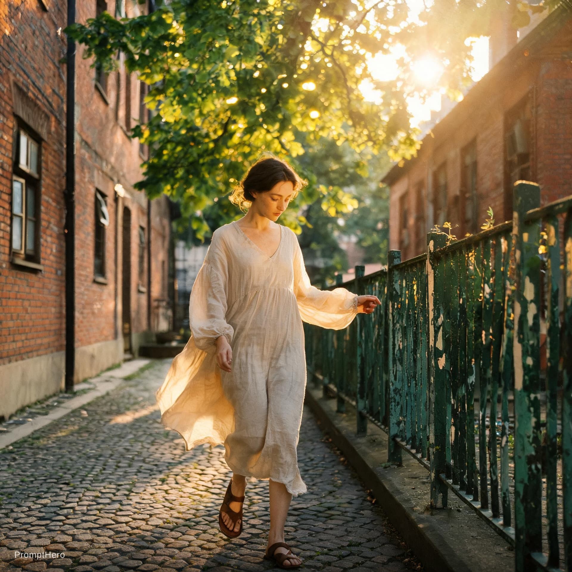 AI generated: Cinematic film still, 35-year-old woman slowly pacing along narrow cobblestone path in sun-drenched ...