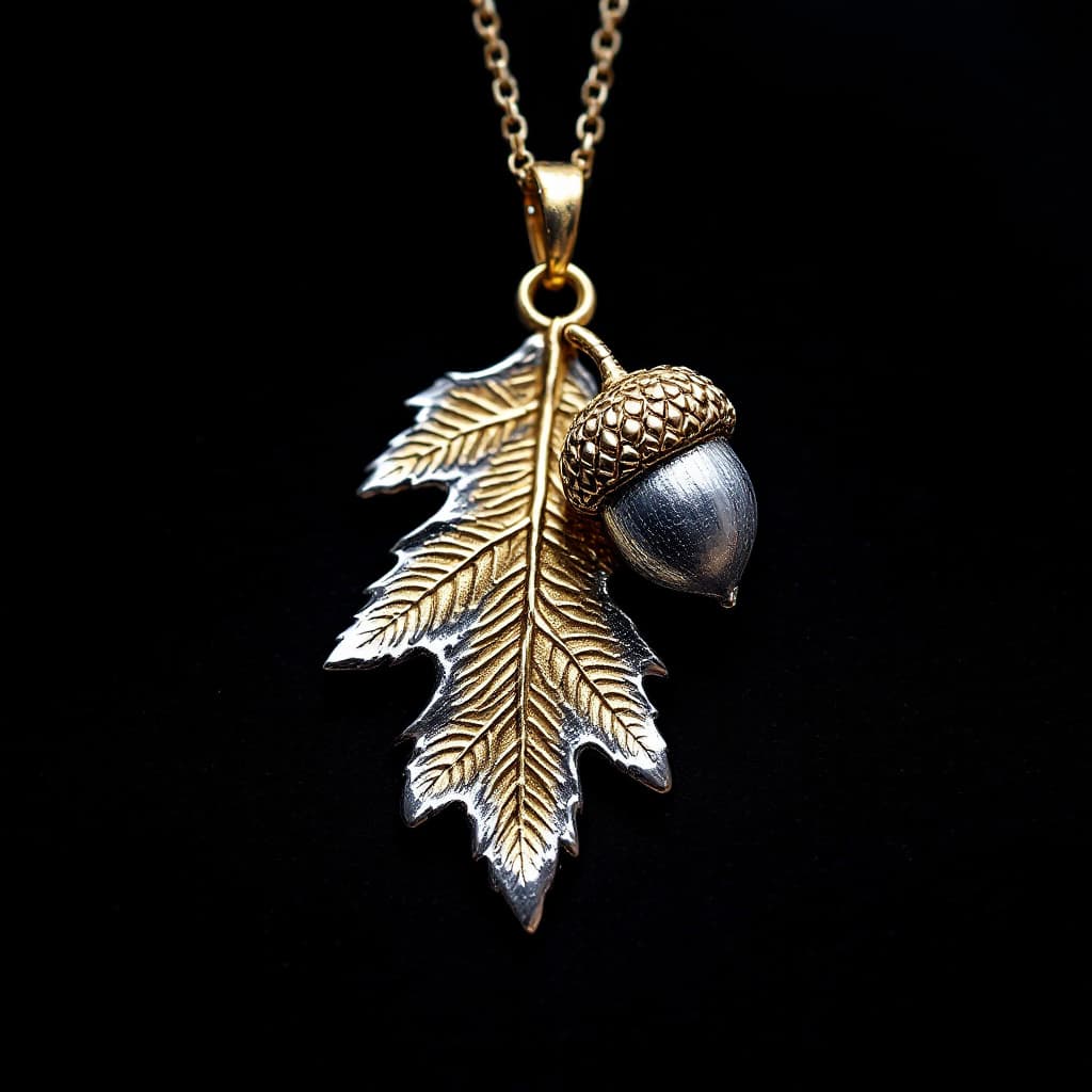 AI generated: an oak leaf and acorn pendant, made in silver and gold