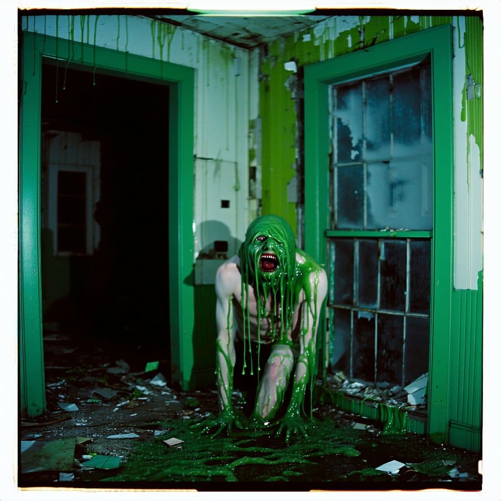 AI generated: grainy 80's photograph quality polaroid of king slime suicide caught in an abandoned house, dark