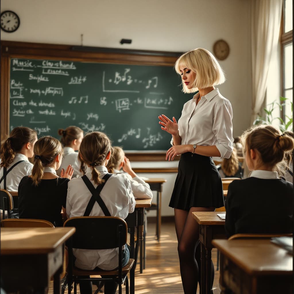 AI generated: female,Blond Hair Bob, black miniskirt, black tights,
She is a teacher, she is in the classroom, tea...