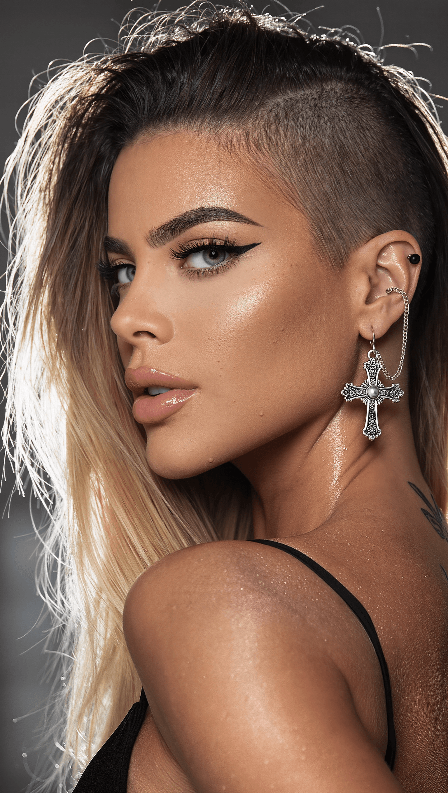 AI generated: Ultra-realistic fashion photography of a striking young woman with a bold asymmetrical undercut hair...