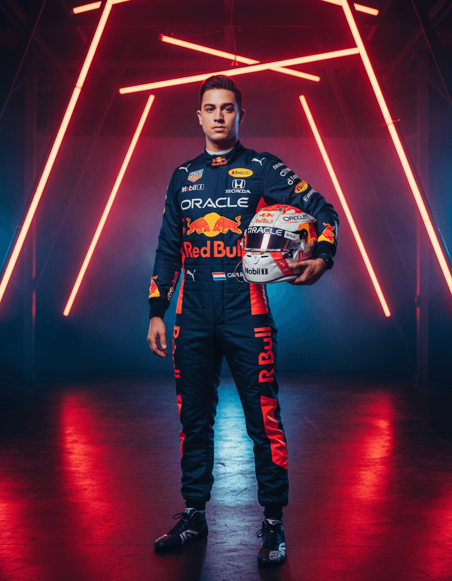 AI generated: Edit the uploaded photo (face based on the reference photo). A professional race car driver standing...