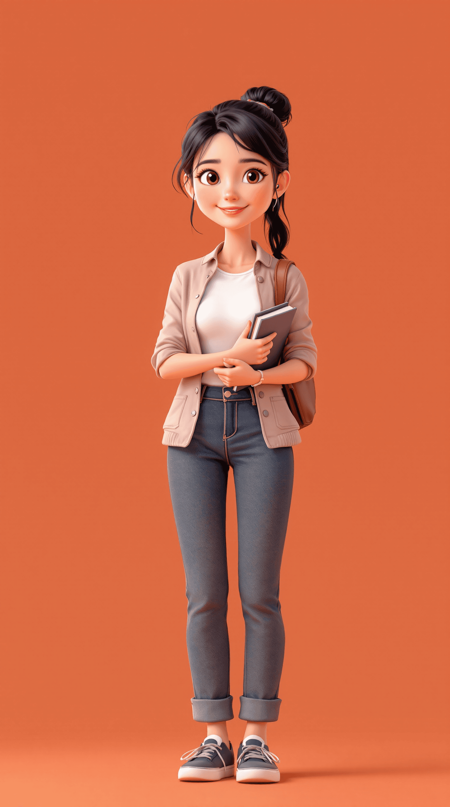 AI generated: Cartoon image of a 30-year-old Chinese female teacher, in casual professional attire, carrying a boo...