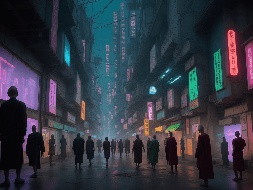 AI generated: people visit cyberpunk buddhist village from afar, flashing neon signs and weapons surrounding it, s...