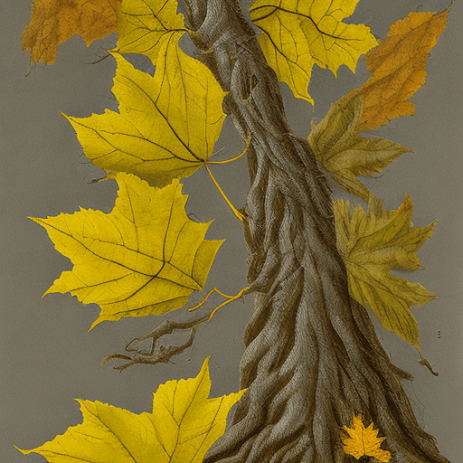 AI generated: Botanical illustration of full Shagbark Hickory Tree with yellow fall leaves and very shaggy bark by...
