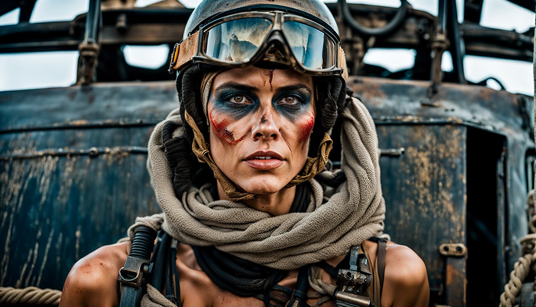 AI generated: best national geographic photo, close-up, front view, Furiosa [with a face of Charlize Theron], look...