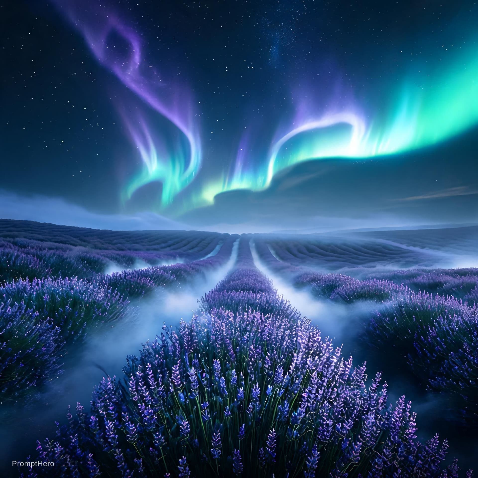AI generated: Photoreal cinematic night panorama of violet auroras undulating over misty lavender plains — low-ang...
