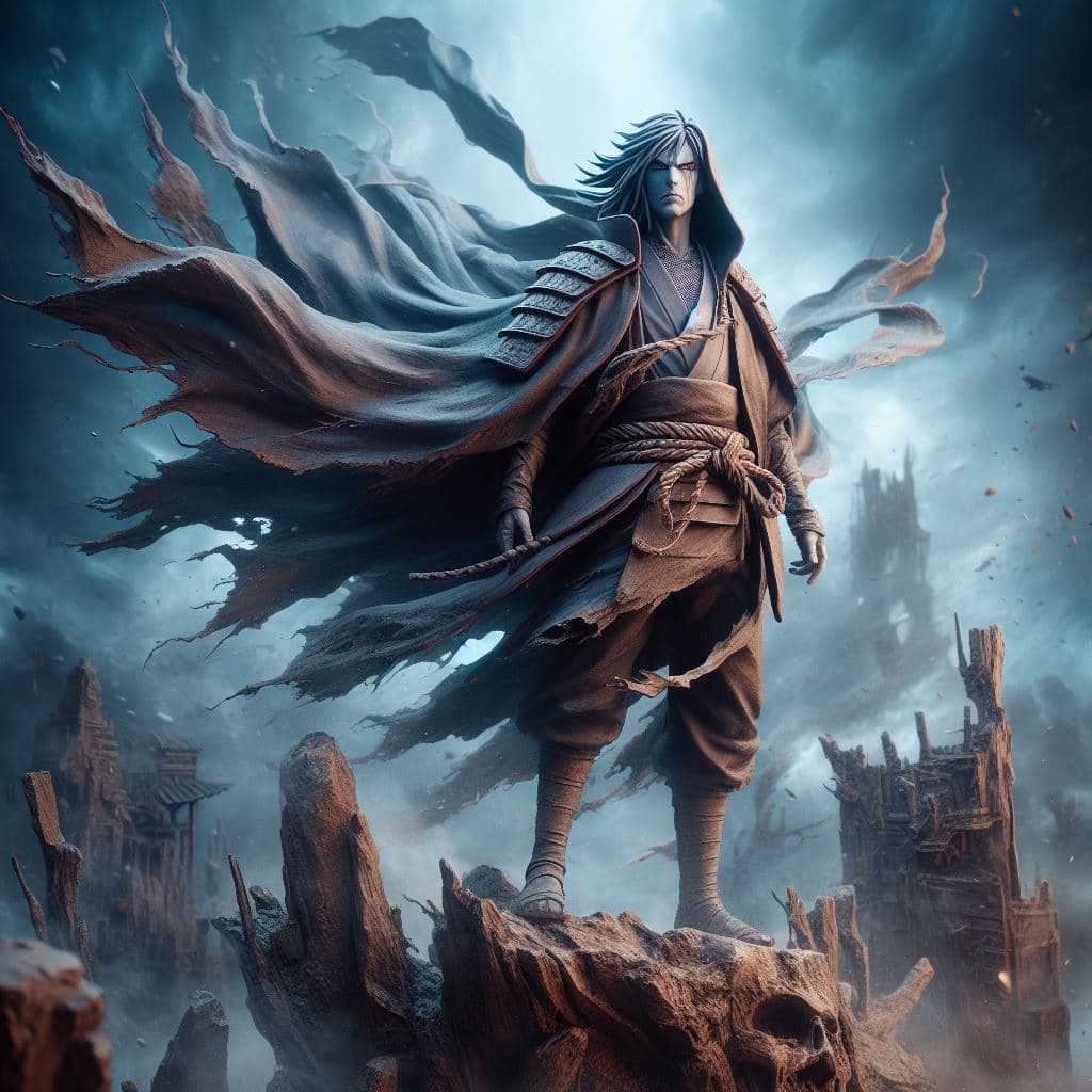 AI generated: In a mystical, war-torn landscape, Madara, the legendary, powerful ninja, stands triumphantly atop a...