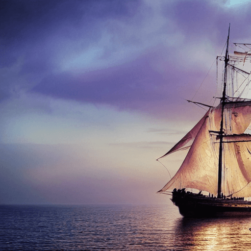 AI generated: photo of a sailing ship, dramatic light, pale sunrise, cinematic lighting, battered, low angle, 4k, ...