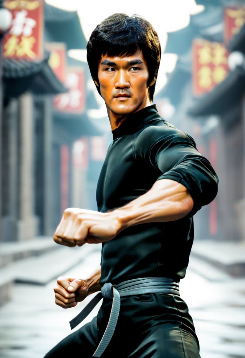 AI generated: Bruce Lee in fists of fury, hands render , <lora:add-detail-xl:1> <lora:DetailedEyes_V3:1> <lora:off...