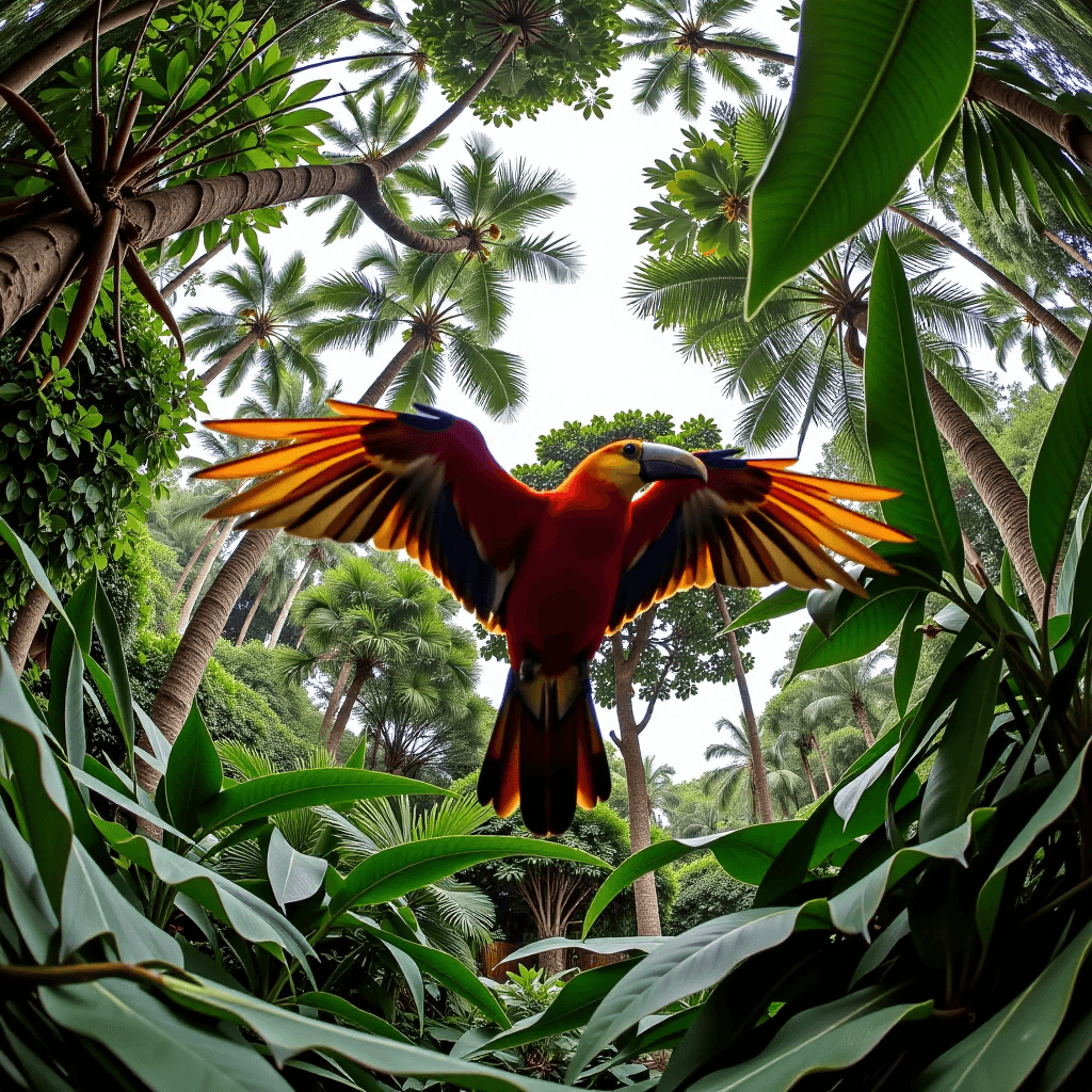 AI generated: Fisheye lens view of a dense rainforest canopy with vivid tropical birds mid-flight, perspective war...