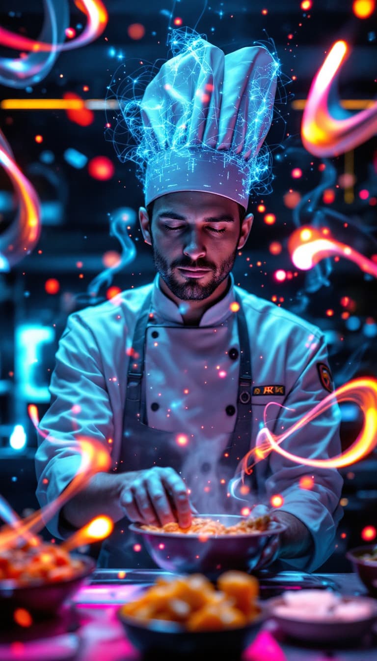 AI generated: Portrait of a futuristic cyberpunk chef, centered, immersed in holographic recipes, in a vibrant dig...