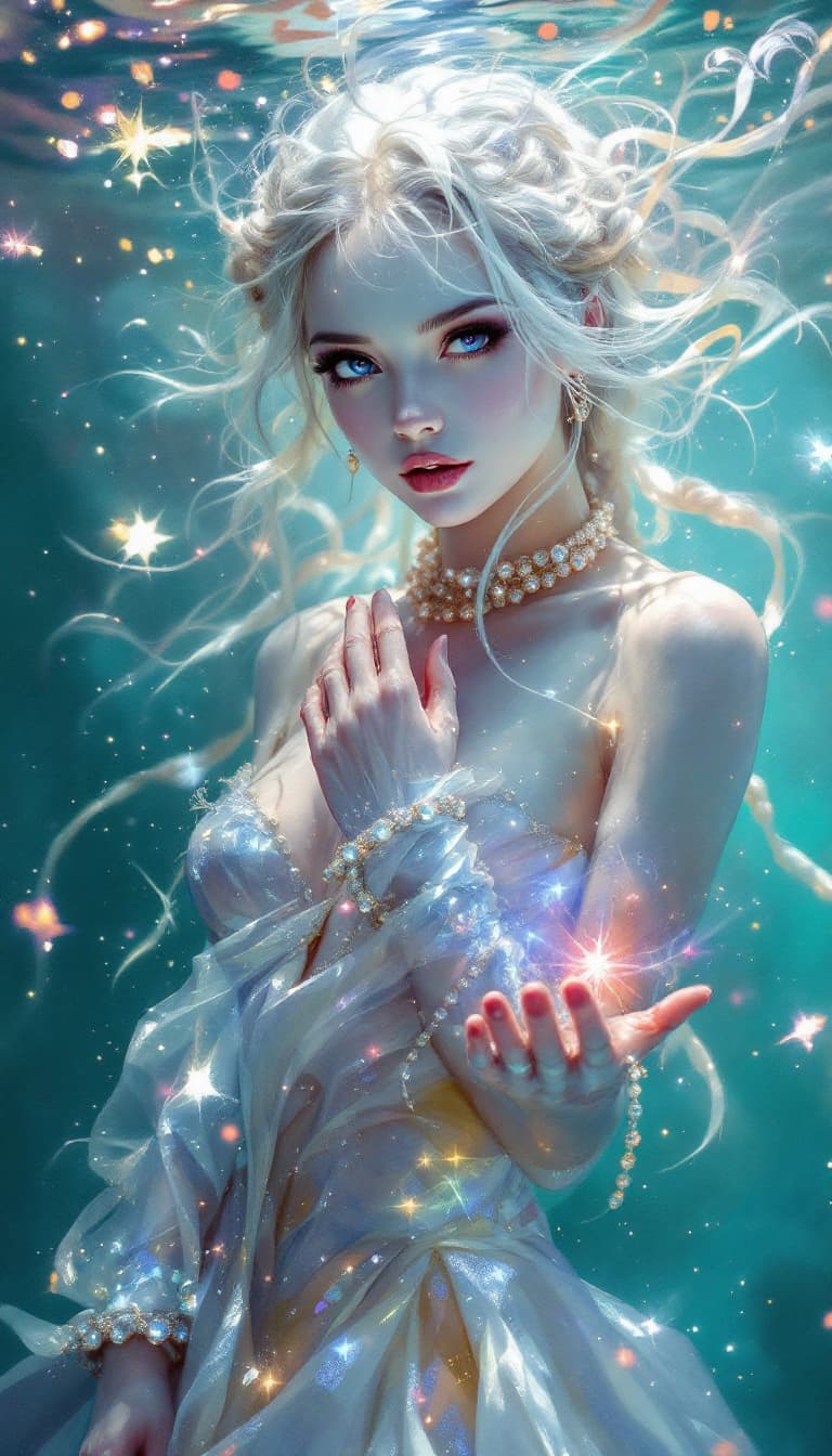 AI generated: "Aquatic Illusionist in a Shimmering Depths": A mesmerizing abstract painting depicts an illusionist...