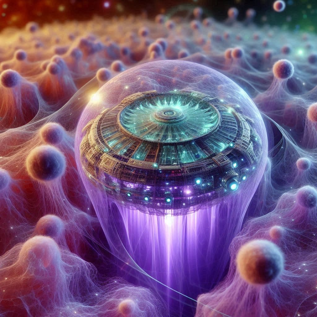 AI generated: The alien spacecraft is a translucent fractalius engine made of jade. It is enclosed in a glowing sh...