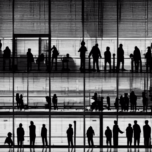 AI generated: photograph of 10 adults young and old, men and womens,  standing on a hospital roof, silhouetted by ...