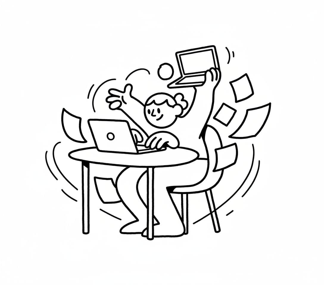 AI generated: Playful abstract black-and-white illustration of a freelancer working at their desk, thick uneven bl...