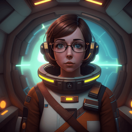 AI generated: Cute female with nerd glasses in 70's style sci-fi outfit inside a spaceship, short brown hair, vibr...