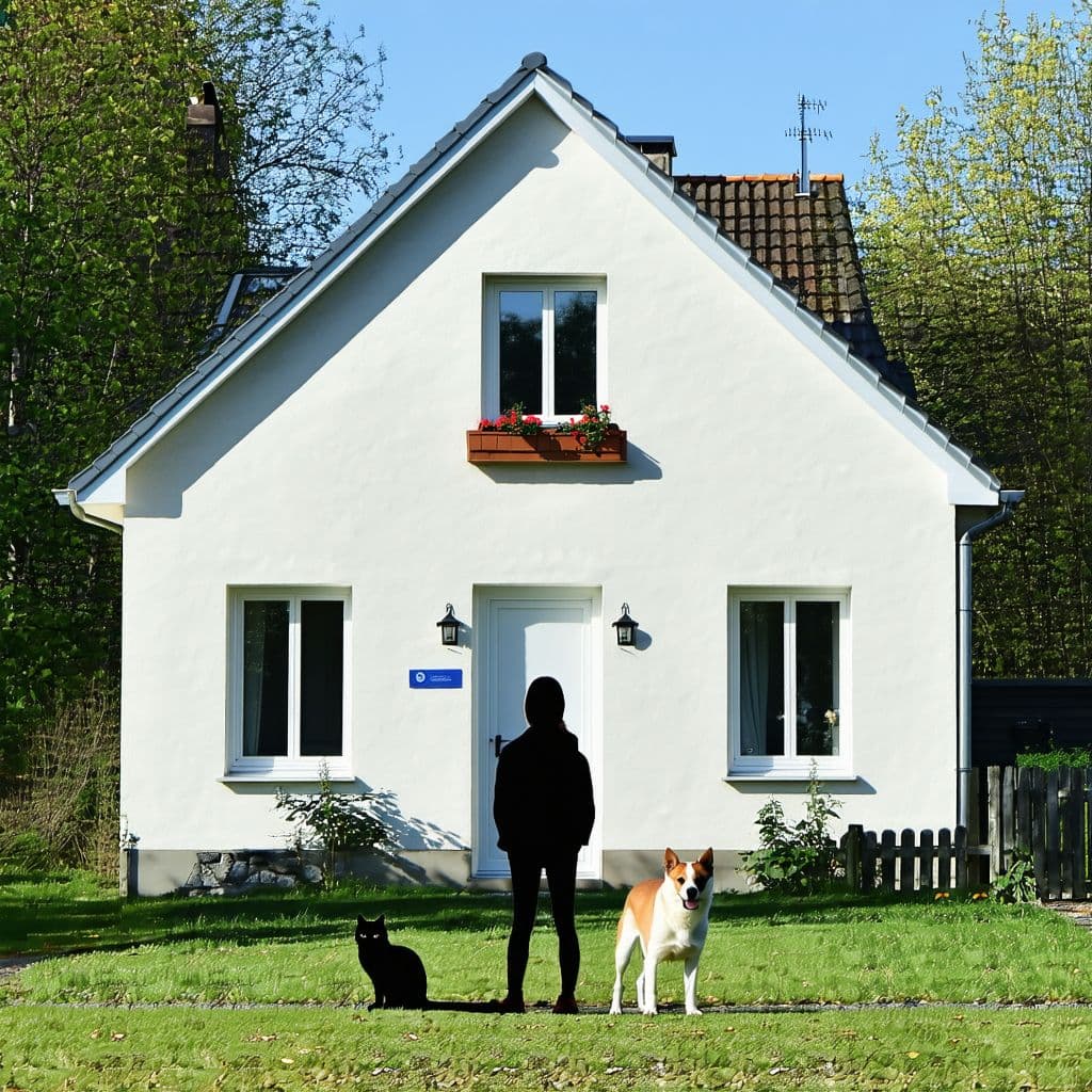 AI generated: House with person in front with a cat with a dog next to them