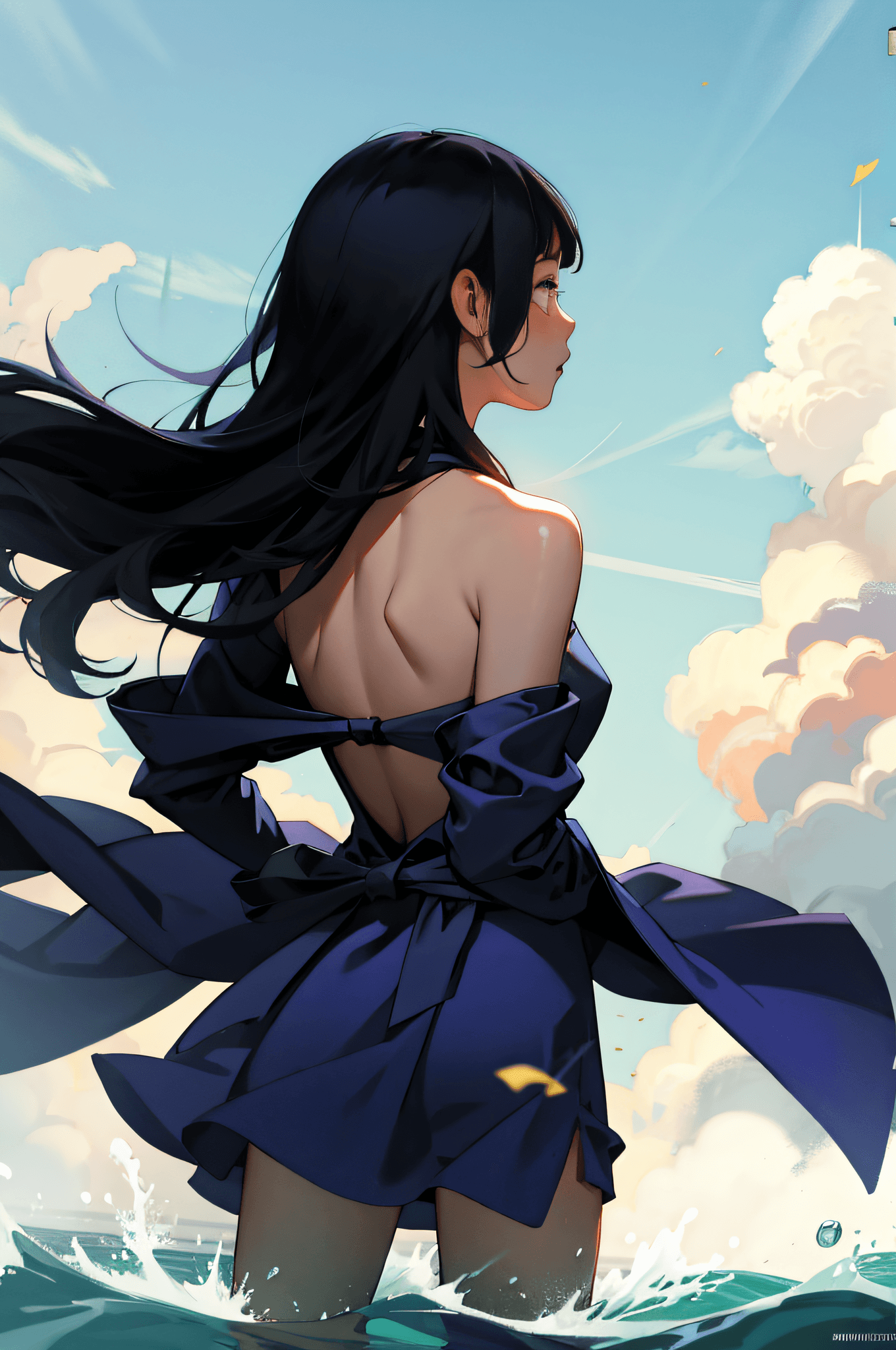 AI generated: 1girl,strong wind,big back head,