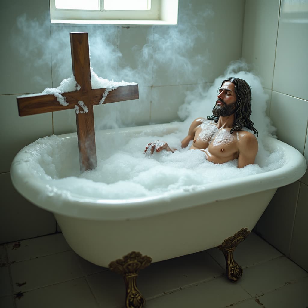 AI generated: A quirky side view of a regular household bathtub, with a cross rising from the water on the left, a...